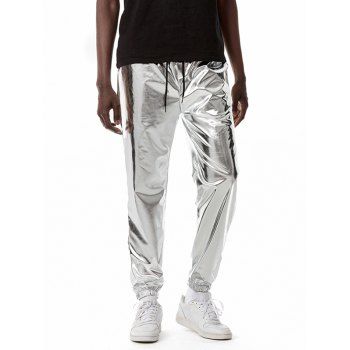 

Sparkly Metallic Print Disco Pants Drawstring Waist Beam Feet Party Club Pants, Silver