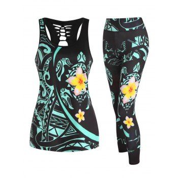 

Flower Tribal Print Ladder Back Tank Top And High Waist Leggings Two Piece Set, Green