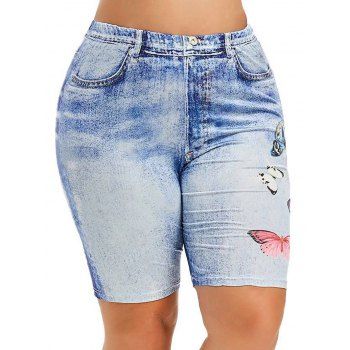 

Plus Size Jeggings Skinny Jeggings Faux Denim Colored Butterfly Print Elastic Waist Bermuda Casual Leggings, Light blue