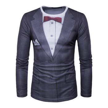 

Casual Faux Twinset T Shirt 3D Bowknot Print T Shirt Long Sleeve Round Neck Twofer Tee, Black