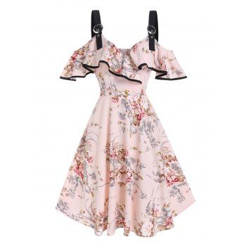 

Vacation Dress Floral Dress Flounce Cold Shoulder High Waisted A Line Mini Summer Casual Dress, Light pink