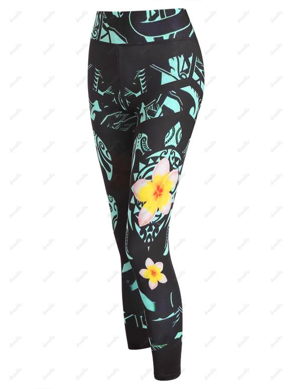 Ensemble de Débardeur à Imprimé Tribal Fleur et de Legging à Taille Haute Deux Pièces - Vert M