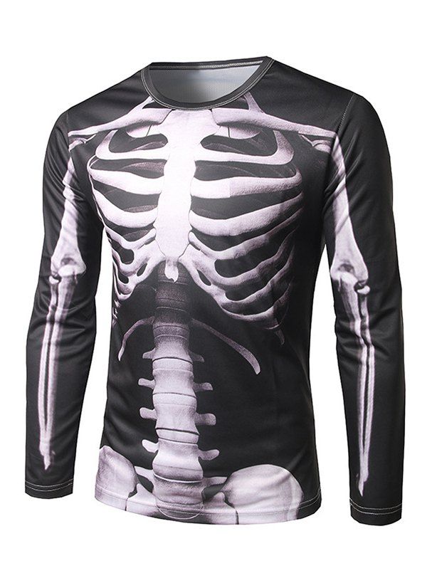 T-shirt Décontracté Gothique à Imprimé 3D Squelette à Manches Longues - Noir XXL