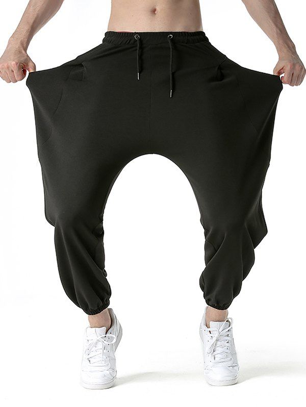 Pantalon Sarouel de Sport Lâche en Couleur Unie avec Large Poches à Cordon - Noir XL