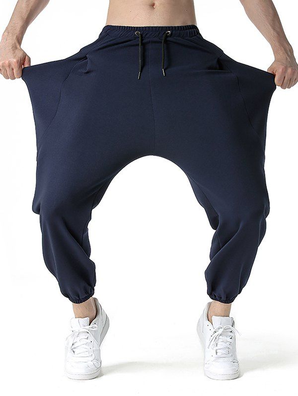 Pantalon Sarouel de Sport Lâche en Couleur Unie avec Large Poches à Cordon - Bleu Cadette S