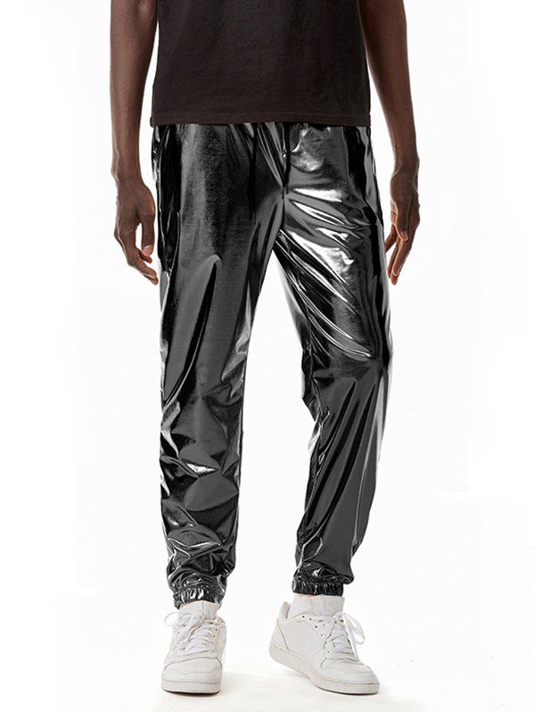 Pantalon de Soirée Métallisé Brillant Imprimé Taille à Cordon - Noir XXL