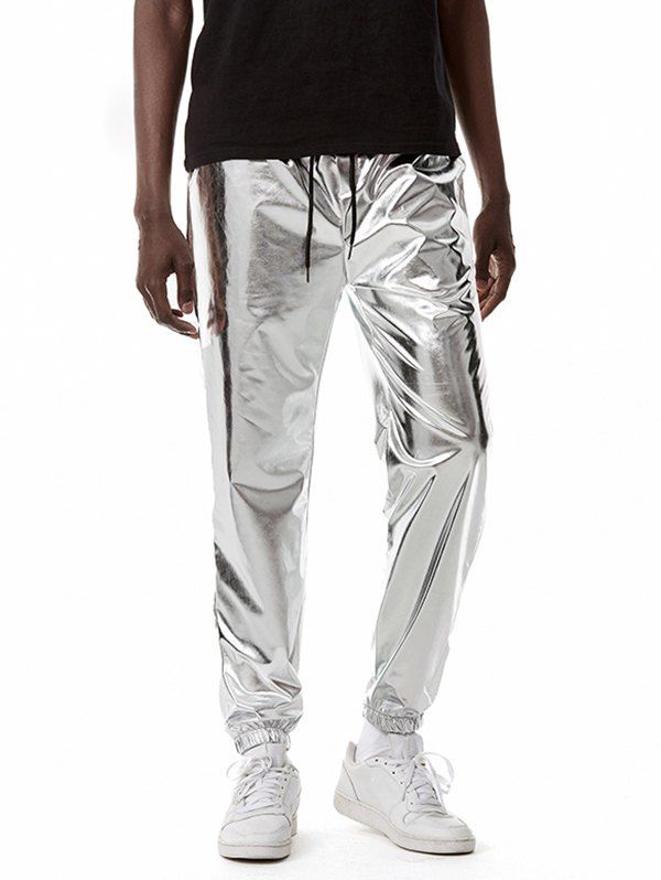 Pantalon de Soirée Métallisé Brillant Imprimé Taille à Cordon - Argent XXL