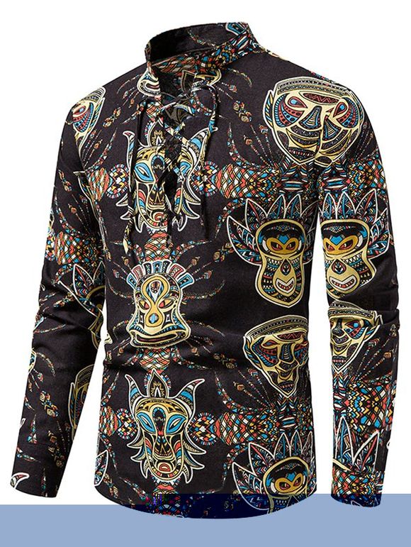 Chemise Décontractée à Imprimé Ethnique Africaine Manches Longues à Col Debout - Noir XL