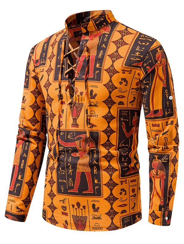 Ethnic Shirt African Print Shirt Lace Up Stand Collar Long Sleeve Casual Shirt - ORANGE XXL
