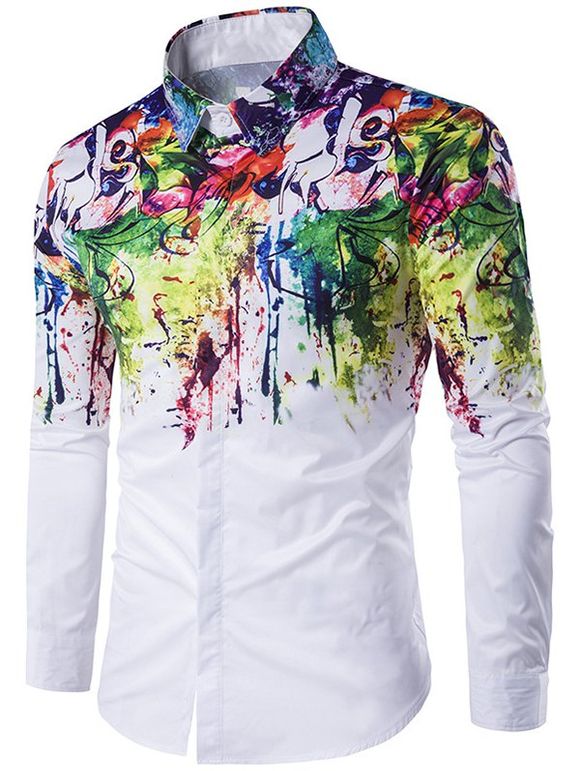 Chemise Décontractée à Imprimé Peinture Graffiti Colorée Abstraite avec Bouton Caché à Manches Longues - Blanc XXL