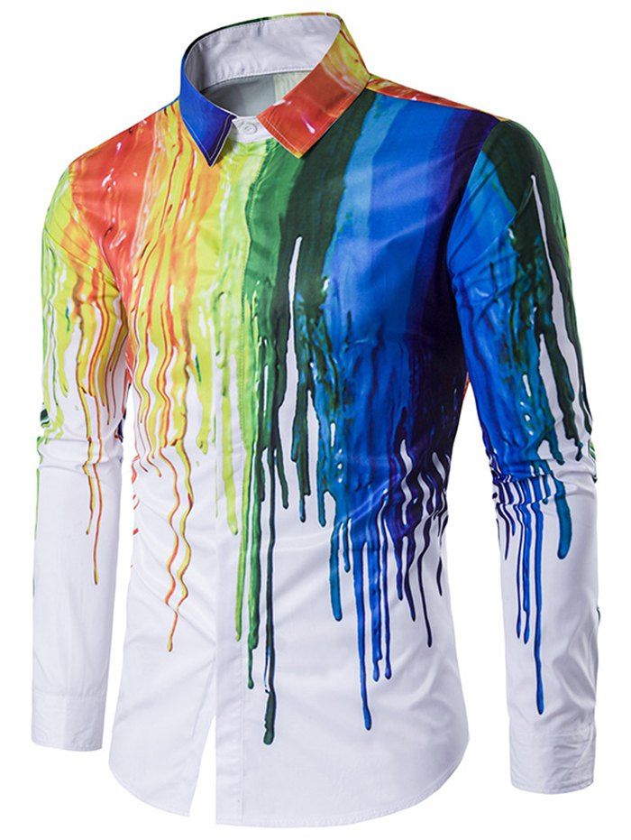 Chemise Décontractée à Imprimé Goutte de Peinture Colorée Boutonnée à Manches Longues - Blanc XL