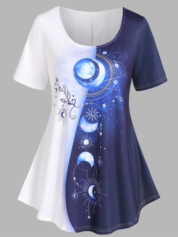 T-shirt D'Eté Décontracté en Blocs de Couleurs à Imprimé Lune et Soleil Manches Courtes à Col Rond - Noir XL