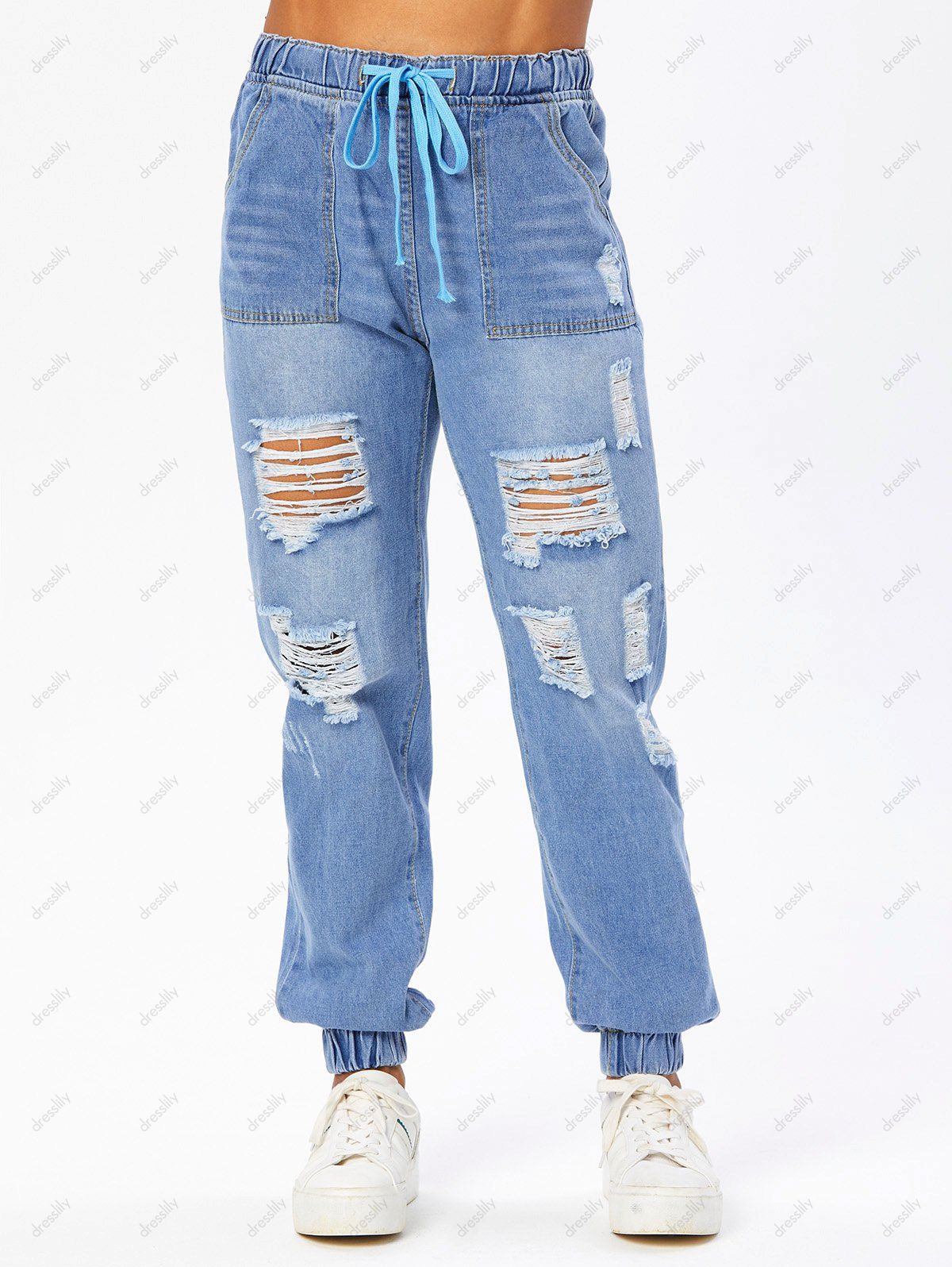 Casual Jeans Ripped Drawstring Pockets Beam Feet Destroyed Trendy Denim Pants 