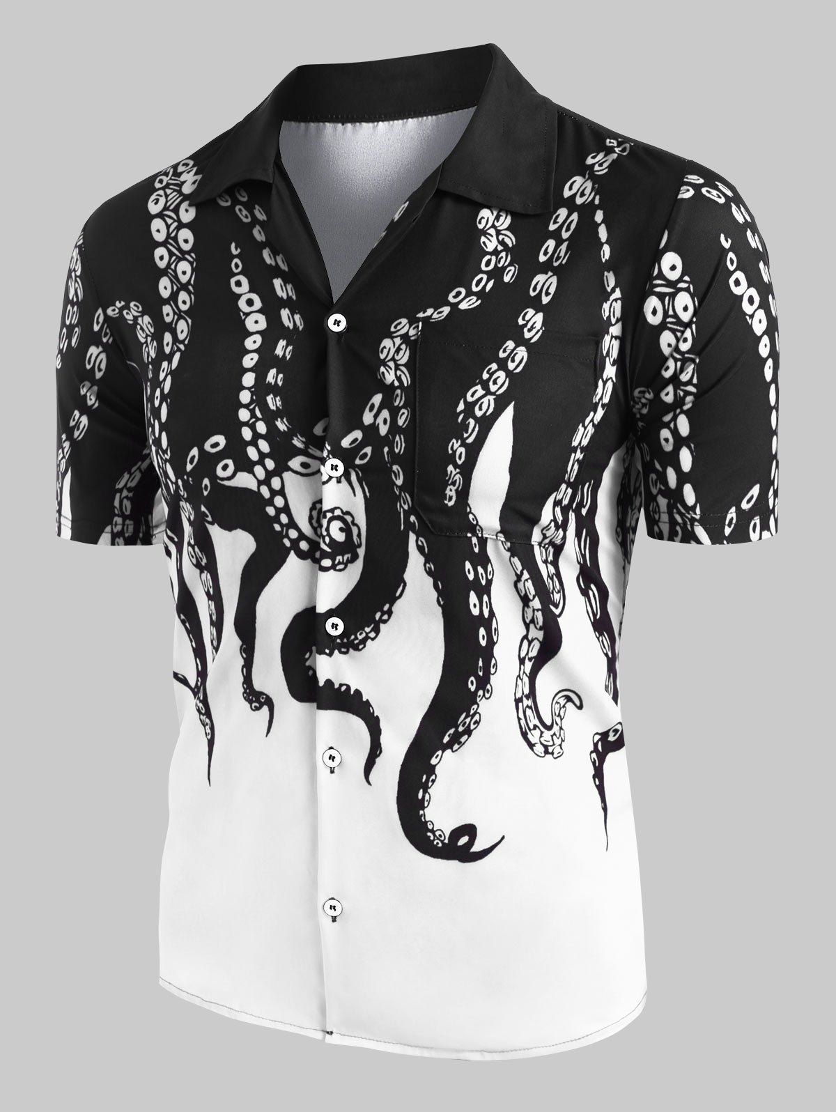 Vacation Octopus Print Shirt Short Sleeve Button Up Notched Collar Summer Dress - WHITE XL