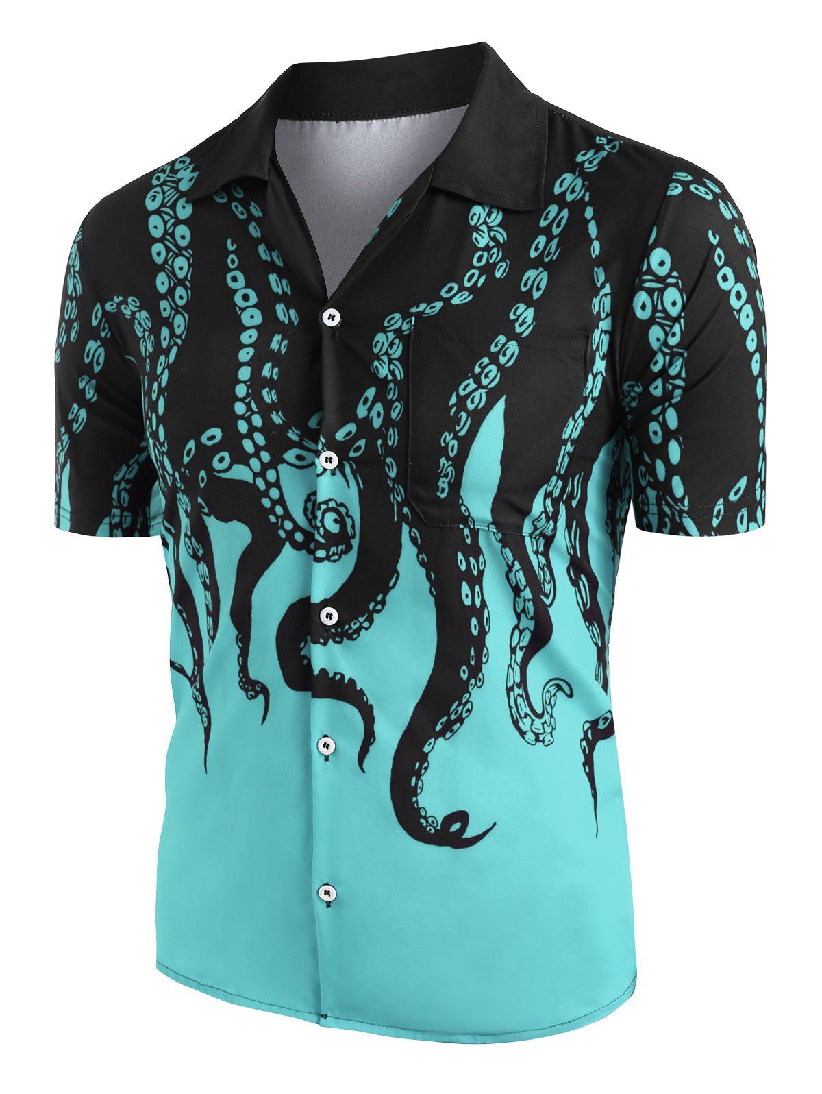 Vacation Octopus Print Shirt Short Sleeve Button Up Notched Collar Summer Dress - LIGHT GREEN M