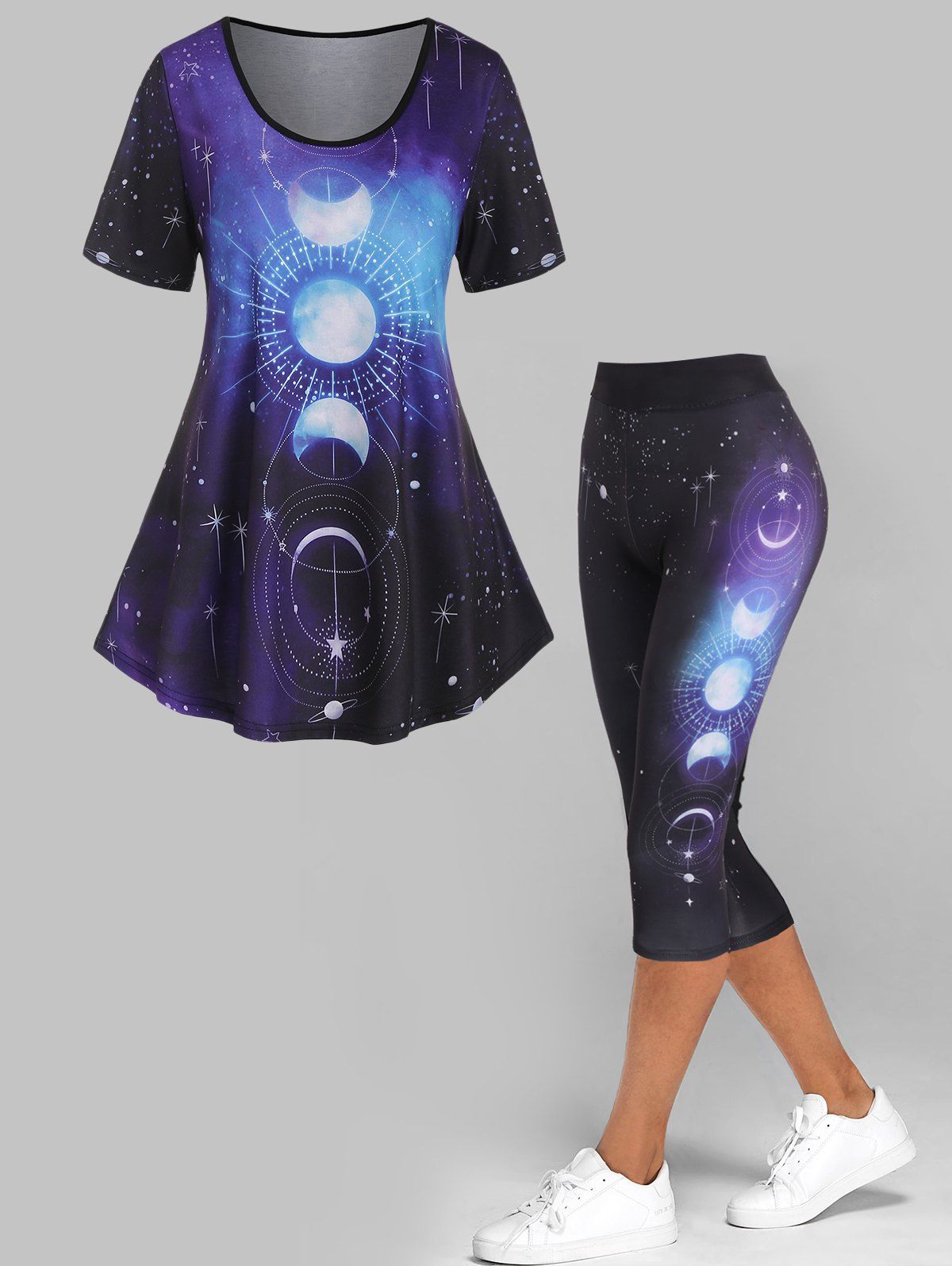 Galaxy Moon Phase Print T Shirt and Capri Leggings Casual Summer Outfit - DEEP BLUE S