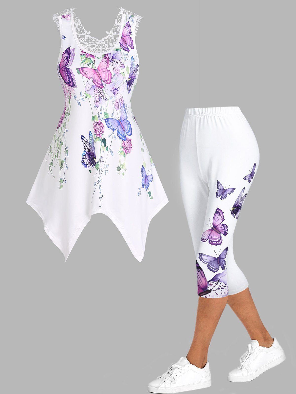Butterfly Flower Print Lace Insert Asymmetric Tank Top And High Waist Capri Leggings Summer Outfit - WHITE S