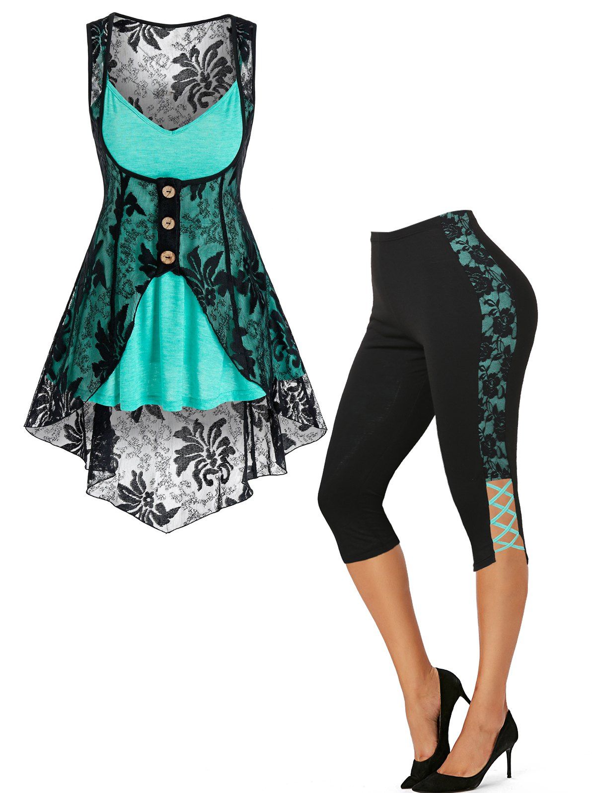 Contrast Flower Lace Vest Heathered Cami Top Set And Lace Up Skinny Capri Leggings Summer Outfit - multicolor S