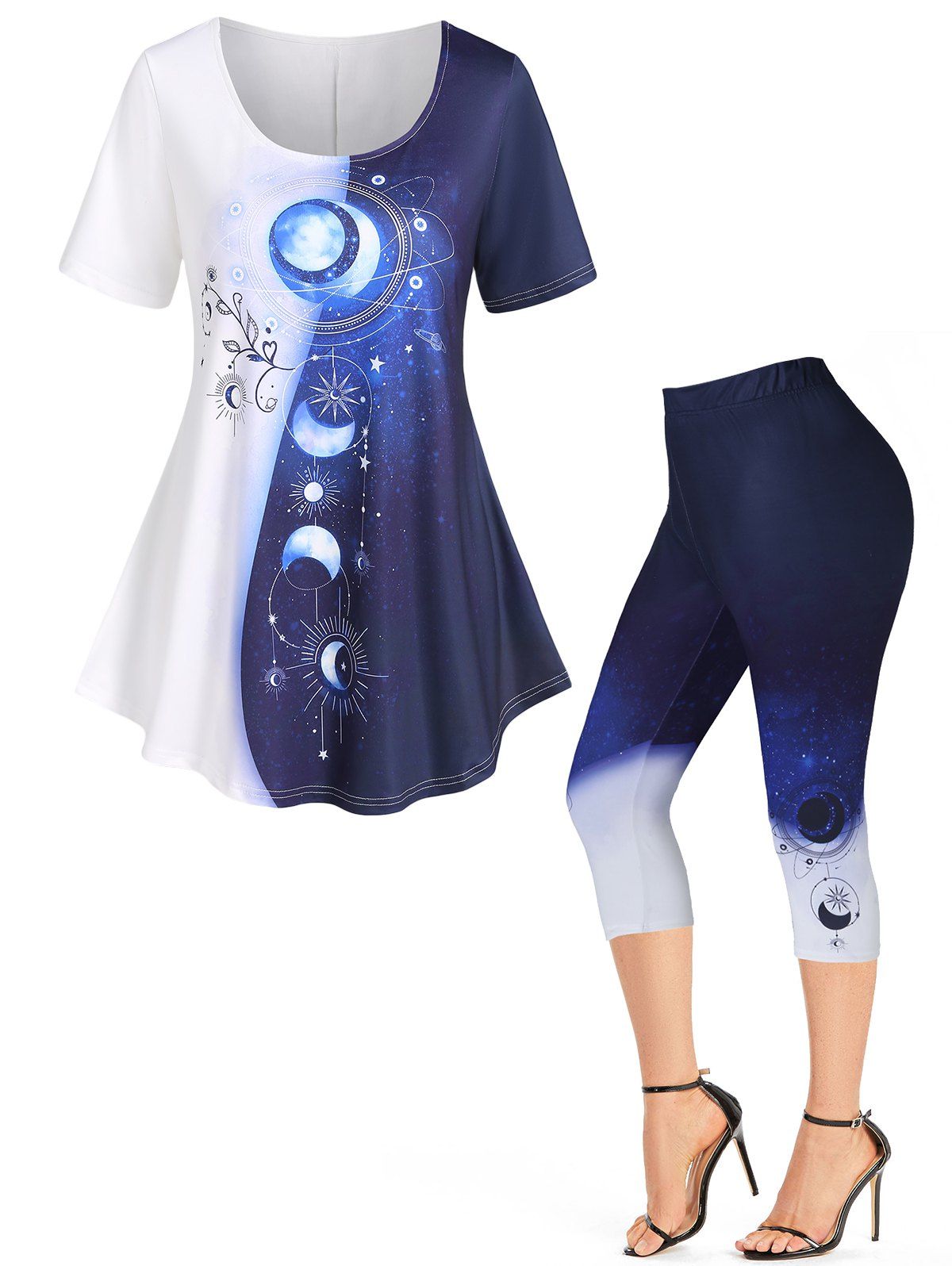 Legging Corsaire et T-shirt D'Eté Lune Soleil et Galaxie en Blocs de Couleurs - Bleu profond S