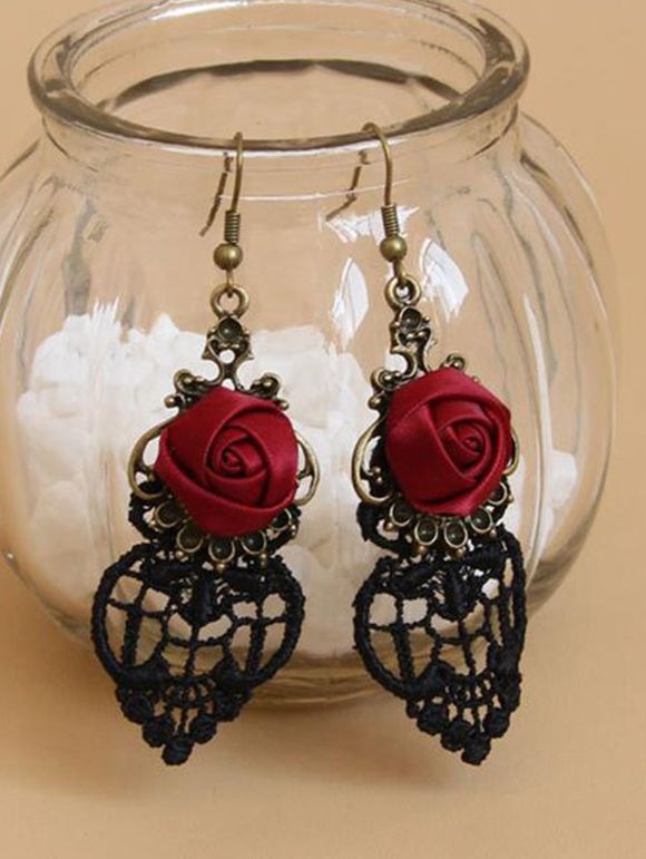 Gothic Drop Earrings Rose Hollow Out Lace Vintage Earrings - BLACK 