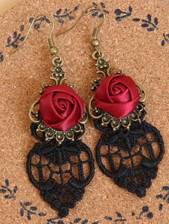Boucles D'Oreilles Pendantes en Dentelle Motif Rose Style Gothique Vintage - Noir 