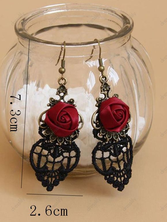 Boucles D'Oreilles Pendantes en Dentelle Motif Rose Style Gothique Vintage - Noir 