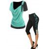 Colorblock Cowl Front  D Ring T Shirt And Lace Up Floral Lace Panel Skinny Capri Leggings Summer Outfit - multicolor S