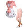 Colorblock Peach Blossom Tree Print Tied Slit Sleeve Faux Twinset T Shirt And High Rise Lace Applique Capri Leggings Summer Outfit - multicolor S