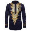 Chemise Décontractée Ethnique Motif de Bronze Manches Longues à Col Debout - Cadetblue XL
