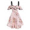 Robe Courte Trapèze à Imprimé Florale à Volants à Épaules Nues en Ligne A à Taille Haute - Rose clair L