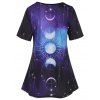 T-shirt à Imprimé Galaxie Phase et Lune Manches Courtes à Col Rond - Bleu profond XXL