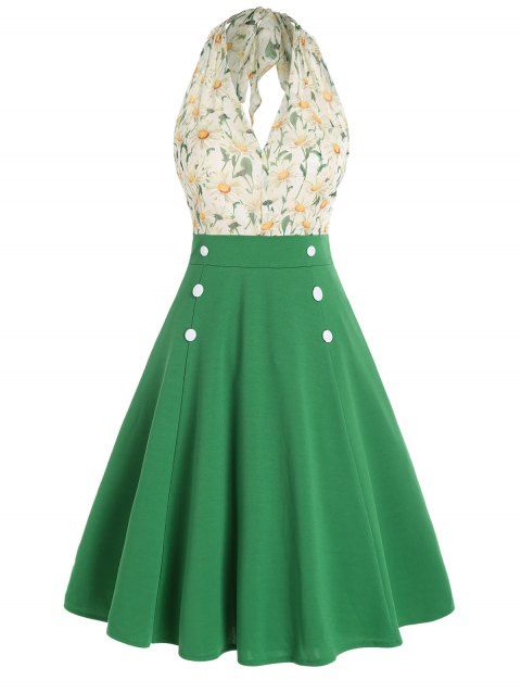 Vacation Dress Leaf Flower Print Mock Button High Waist Sleeveless Halter A Line Midi Summer Dress