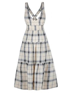 Plaid Print Midi Dress Elastic Cross Straps Backless Smock Dress High Waist Plunge Dress