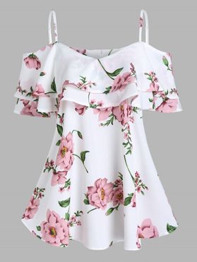 Flower Print T Shirt Cold Shoulder T-shirt Flounce Short Sleeve Summer Tee