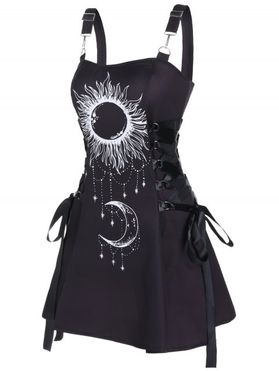 Celestial Sun Moon Print Mini Dress Lace Up A Line Dress D Ring Backless Dress
