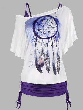 Vacation Feather Sunflower Print Dream Catcher T Shirt and Cinched Cami Top Two Piece Set
