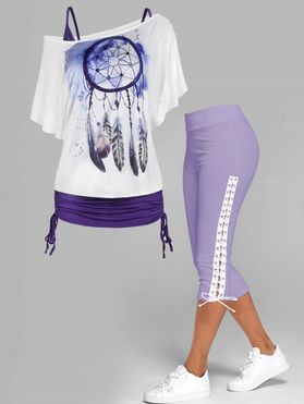 Colorblock Dreamcatcher Feather Print Cinched Tops Set And Lace Up Skinny Capri Leggings Summer Outfit