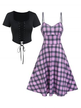 Lace Up Short Sleeve Top And Plaid Pattern A Line Cami Dress Two Piece Set