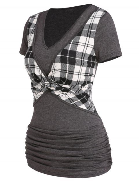 Casual Faux Twinset T Shirt Plaid Print Ruched Twisted V Neck Summer Twofer Tee
