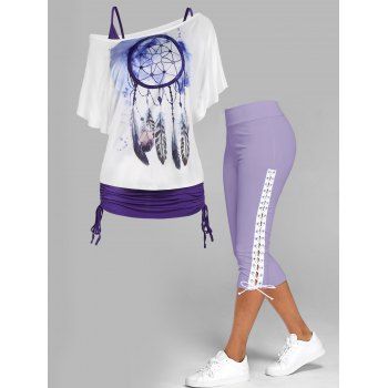 Colorblock Dreamcatcher Feather Print Cinched Tops Set And Lace Up Skinny Capri Leggings Summer Outfits