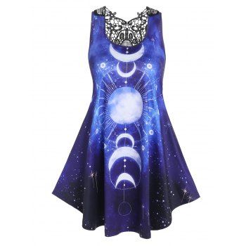 Casual Tank Top Sun Moon Galaxy Print Tank Top Lace Hollow Out Summer Top