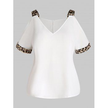 

Plus Size T Shirt Casual T Shirt Leopard Print Cold Shoulder Plunging Neck Summer Tee, White