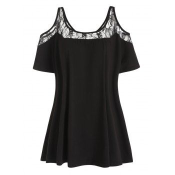 

Plus Size T Shirt Hollow Out Lace Insert Solid Color Cold Shoulder Summer Casual Tee, Black