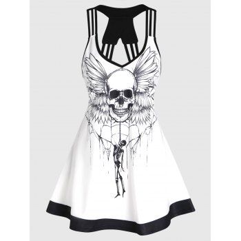 

Gothic Tank Top Spider Web Skull Skeleton Print Cut Out Summer Casual Top, White