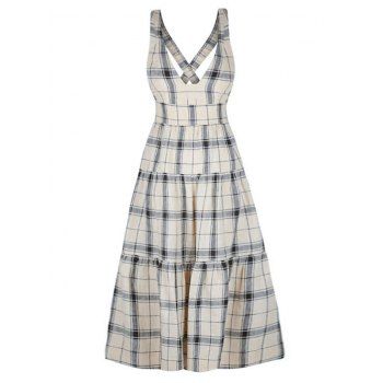 

Plaid Print Midi Tiered Dress Elastic Cross Straps Backless Smock Dress High Waist Plunge Dress, Light coffee