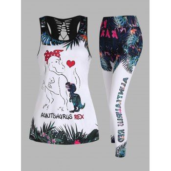 

Sports Outfit Animal Print Cut Out Tank Top and Leaf Elastic Waist Capri Leggings Summer Casual Set, Green