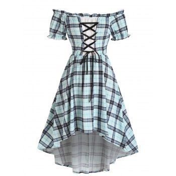 

Plaid Print High Low Dress Ruffled Off The Shoulder Dress Lace Up Puff Sleeve Dress, Light blue
