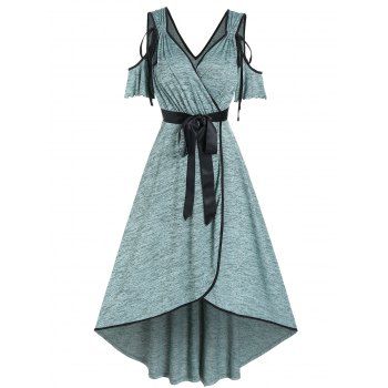 

Space Dye Print Dress Cold Shoulder Surplice Dress Cinched Tie Overlap Bowknot Contrasting Trim Summer A Line Dress, Light green