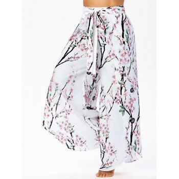 

Casual Pants Floral Pants Peach Blossom Print Slit Self Belted Wide Leg Elastic Waist Vacation Pants, White