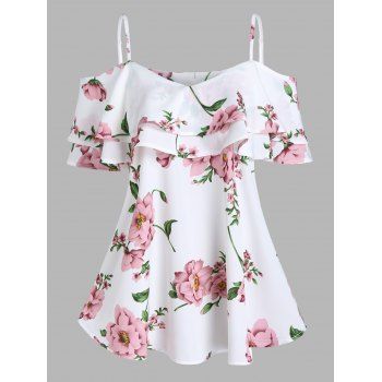 

Flower Print T Shirt Cold Shoulder T-shirt Flounce Short Sleeve Summer Tee, White